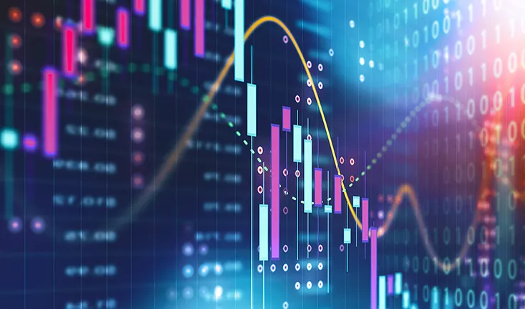 Colorful financial candlestick chart with trend lines and digital background. Colorful financial candlestick chart with trend lines and digital background.