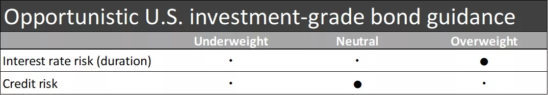  This chart shows the U.S. investment-grade bond guidance for interest rate risk (duration) and credit risk.
